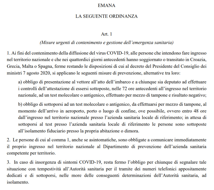 Tampone per chi arriva da Croazia, Grecia, Malta e Spagna Tampone per chi arriva da Croazia, Grecia, Malta e Spagna