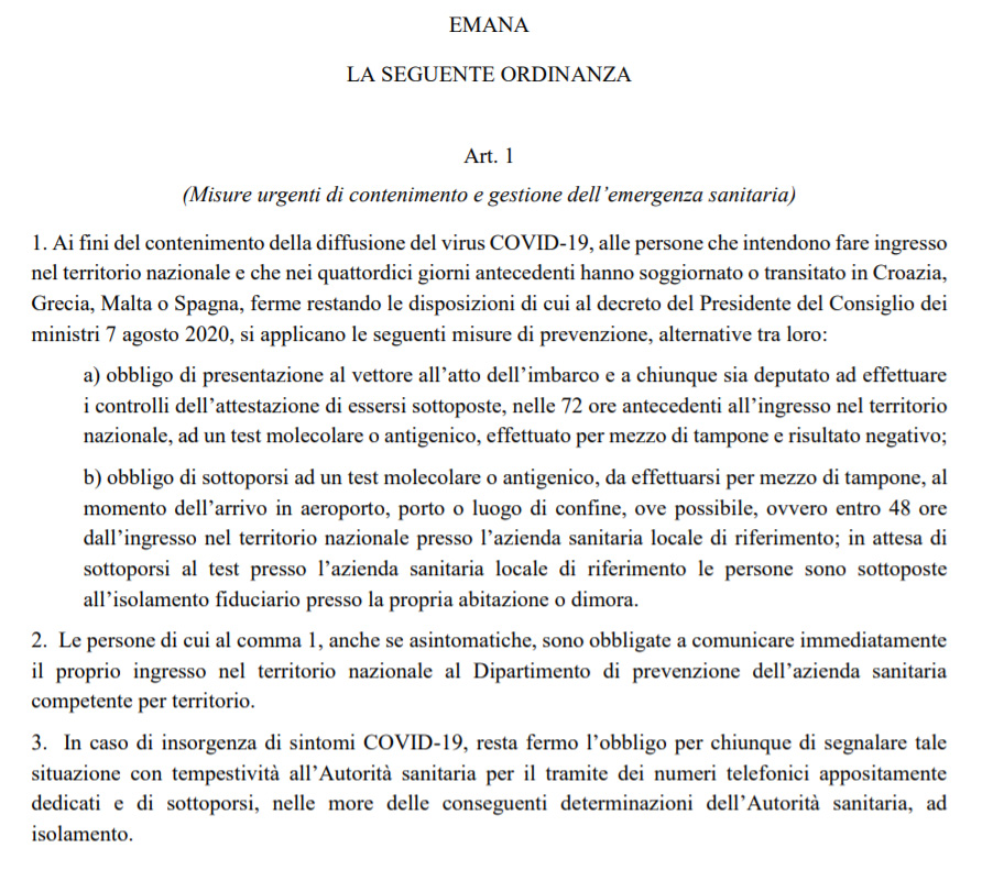 Tampone per chi arriva da Croazia, Grecia, Malta e Spagna